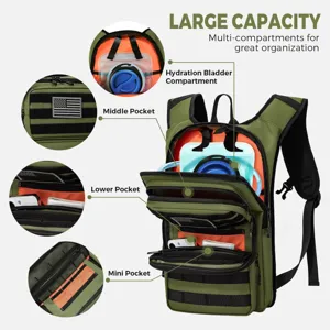 Sac à dos d'hydratation tactique avec plusieurs poches MOLLE sac militaire vert