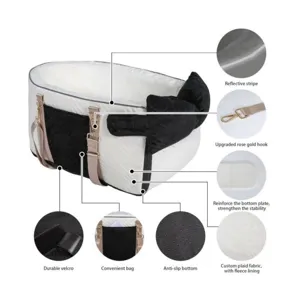 Detailed view of portable pet car seat features, including reflective stripe and secure hook.