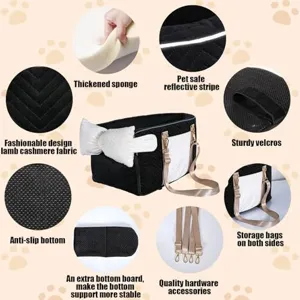 Portable dog car seat with bowknot design, lamb cashmere fabric and safe reflective stripes.