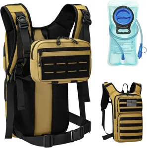 Détails du sac à dos tactique, système MOLLE et poche à eau amovible pour randonnée.