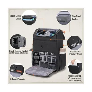 Professional camera backpack detail showcasing multi-compartment storage and lens dividers.
