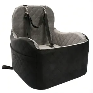 Pet car seat for dogs, black and grey quilted booster seat with safety straps, soft and comfortable.
