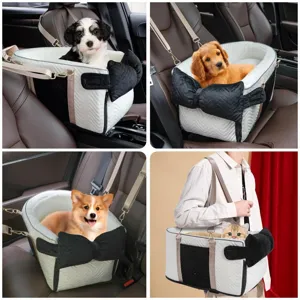 Detailed view of portable pet car safety seat with cute bow design for small dogs cats.