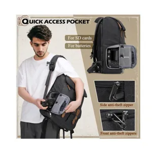 Water-resistant canvas camera backpack with quick access pocket and anti-theft zippers.