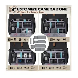 Customizable camera backpack with adjustable dividers and secure straps for professional gear.