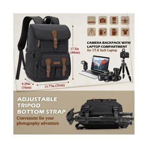 Vintage canvas camera backpack with 15.6 inch laptop compartment and adjustable tripod straps.