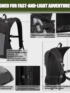 Black 5L outdoor hiking backpack with hydration compartment, breathable mesh and ergonomic straps