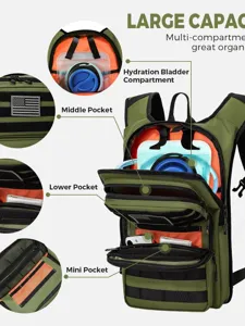 Sac à dos d'hydratation tactique multi-compartiments, sac de randonnée vert militaire durable.