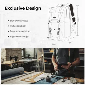 Rucksack Detailansicht mit ergonomischem Design, seitlichem Schnellzugriff und offener Rückseite.