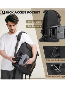 Water-resistant canvas camera backpack with quick access pocket and anti-theft zippers for DSLR.