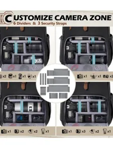 Canvas camera backpack with adjustable dividers and secure straps for professional gear storage.