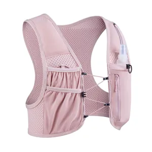 Pink lightweight running hydration vest with mesh breathable pockets and adjustable chest straps.