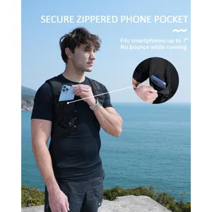 Black running hydration vest with secure zippered phone pocket, lightweight and reflective.