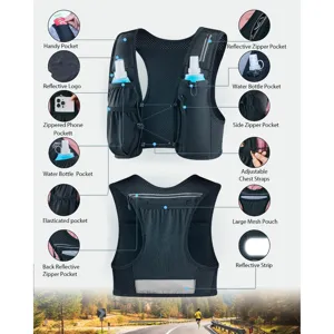 Black running vest detail showing multi pockets, adjustable chest straps and reflective strips.