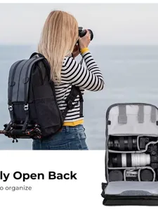 Professioneller Kamerarucksack mit gepolsterten Fächern und Stativhalterung für Fotografen.