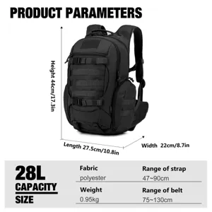 Tactical backpack detail showing 28L capacity, 44cm height, polyester fabric and adjustable straps.