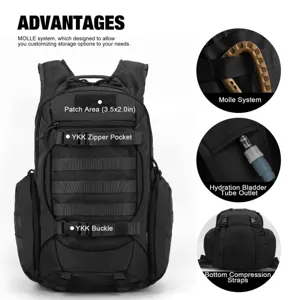 Tactical backpack detail showing Molle system, YKK zipper and hydration outlet.