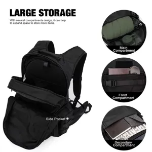 Tactical backpack detail view showing large storage capacity, multi-compartment design for hiking.