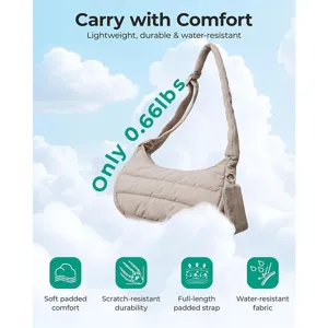 Padded underarm shoulder bag detail, lightweight and water-resistant crescent dumpling design.