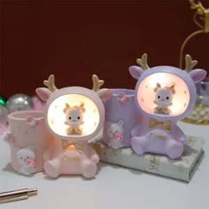 Cute cartoon deer and bear pen holder night light resin desktop decoration ornament set.