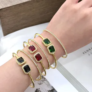 Light Luxury Square Colorful Zirconia Double Bracelet Set 18K Gold Plated Stackable Geometric Open Bangle For Women Fashion Jewelry