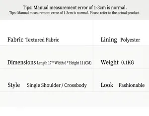Specifiche dettagliate del prodotto e dimensioni della borsa a tracolla alla moda.