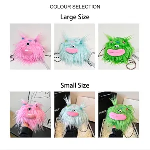 Ugly-cute long faux fur monster crossbody plush bag with pigtails and big eyes