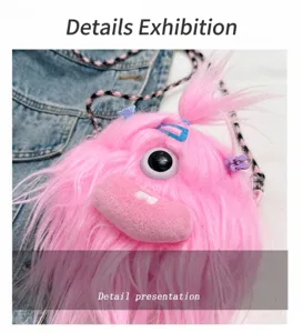 Detailed macro view showing texture of pink fuzzy monster plush bag with one eye
