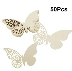 Set of 50 laser-cut butterfly place cards with intricate floral patterns in ice white