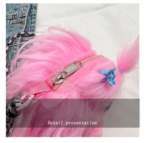 Macro view showing the smooth metal zipper detail on this pink furry monster doll bag