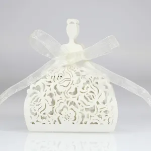 Elegant white laser-cut princess dress wedding candy box with rose pattern and ribbon