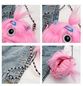 Multi-angle detail views of a pink furry monster plush crossbody bag with a single eye.
