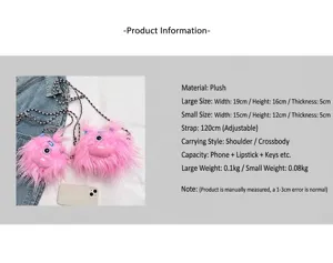 Detailed specifications for pink fuzzy monster doll crossbody bag in two sizes