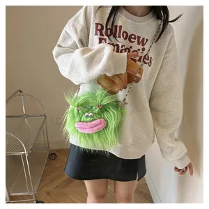Cute green furry monster doll crossbody bag with plush lips for girls holiday gift idea