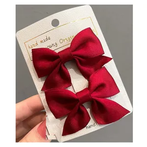 Eleganti fermagli per capelli con fiocco rosso in raso per bambine, fatti a mano