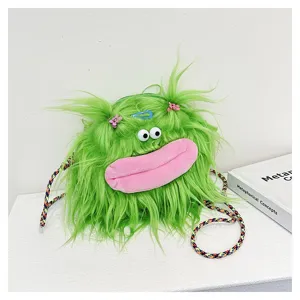 Close-up of a green hairy monster plush crossbody bag with pigtails and pink lips.