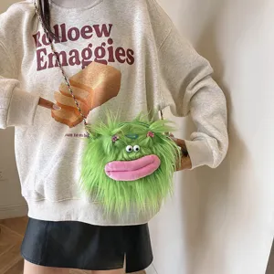 Ugly-cute green furry monster crossbody bag with big pink lips and plush texture.