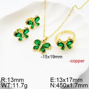 Elegant green butterfly cubic zirconia jewelry set, copper necklace earrings and ring for gifts.