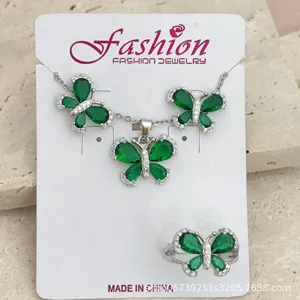 Elegant green cubic zirconia butterfly jewelry set necklace earrings ring for women