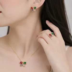 Gold Plated Copper Butterfly Zirconia Jewelry For Women Sparkling Colorful Zirconia Necklace Earrings Ring Jewelry
