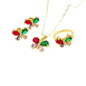 Butterfly zircon gemstone jewelry set earrings necklace ring in gold color for women