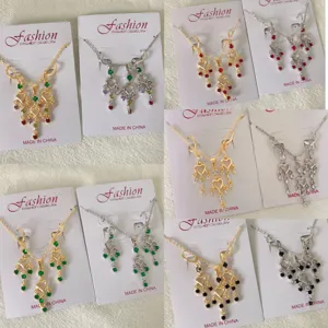 Parure de Bijoux en Cuivre et Zirconia Vintage Français Cœur Épi de Blé Gland Collier Boucles d'Oreilles Ensemble Or Argent Collier Femme