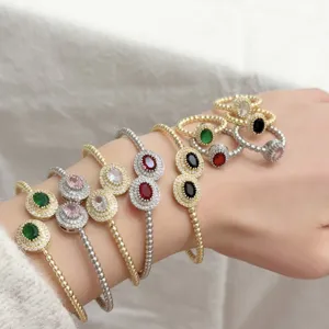 18K Gold Plated Copper Jewelry Set Micro-Inlaid Geometric Oval Zirconia Adjustable Bracelet And Ring For Women Banquet Fashion Jewelry