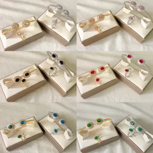 Micro-inlaid geometric oval colored Zircon bracelet ring set, adjustable 18k gold plated chic.