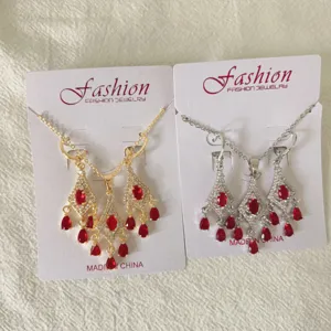 French vintage zircon tassel necklace earrings jewelry set, elegant red crystal drops design.