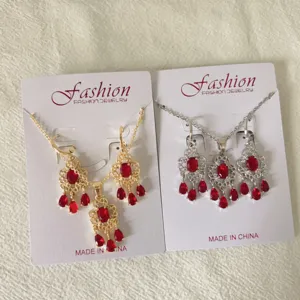 Vintage red zirconia zircon tassel necklace earrings jewelry set fashion elegant chic