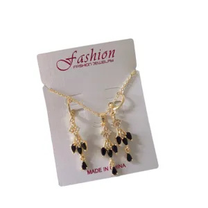 Gold crystal drop pendant necklace earrings jewelry set on display card for women daily wear