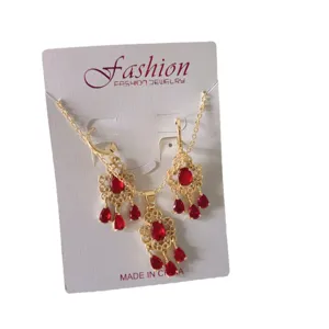 French vintage style 18k gold plated red zircon tassel necklace and matching earrings set