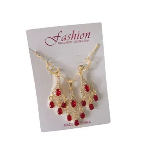 French vintage style copper 18k gold micro-set zircon red teardrop tassel necklace earrings set.