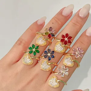 Modieuze koper zirkonia bloem hart open ringen set dames sieraden detail weergave